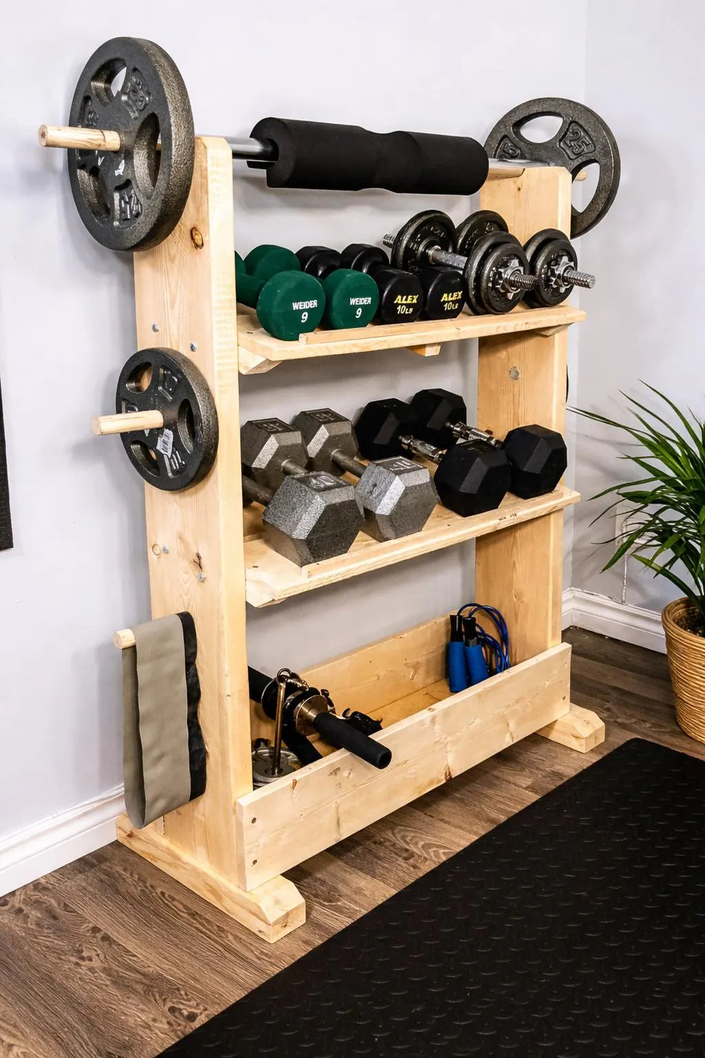 TOP-SELLING – 4-Tier Fitness Rack for Plates and Barbells – Wood Home Gym Storage Rack – Dumbbell Organizer – Home Gym Furniture Storage