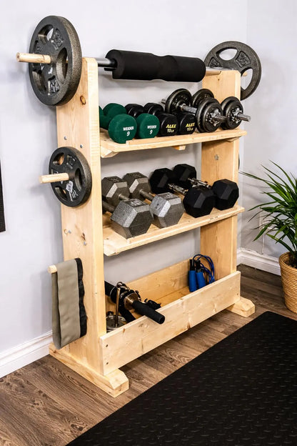 TOP-SELLING – 4-Tier Fitness Rack for Plates and Barbells – Wood Home Gym Storage Rack – Dumbbell Organizer – Home Gym Furniture Storage