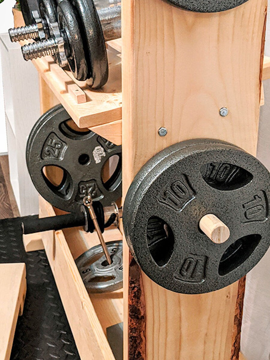 TOP-SELLING – 4-Tier Fitness Rack for Plates and Barbells – Wood Home Gym Storage Rack – Dumbbell Organizer – Home Gym Furniture Storage