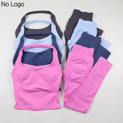 Seamless Gym Set Women Workout Clothes Low Waist Scrunch Yoga Leggings Sets Padded Halter Tank Top 2 Piece Sports Suits