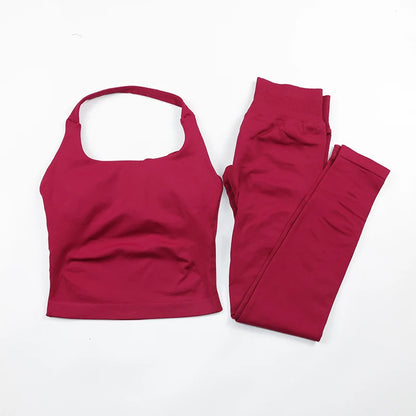 Seamless Gym Set Women Workout Clothes Low Waist Scrunch Yoga Leggings Sets Padded Halter Tank Top 2 Piece Sports Suits