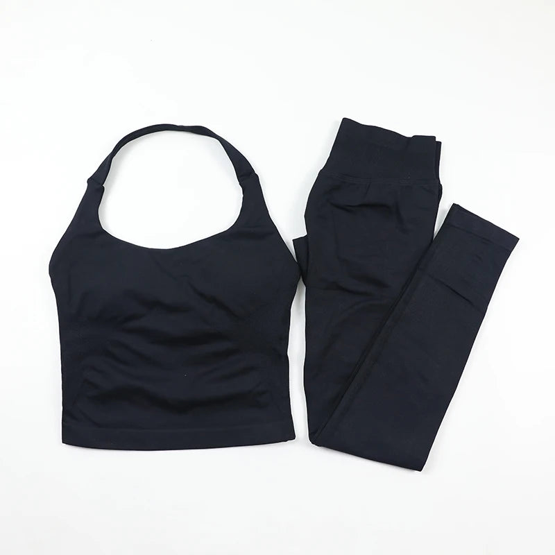 Seamless Gym Set Women Workout Clothes Low Waist Scrunch Yoga Leggings Sets Padded Halter Tank Top 2 Piece Sports Suits