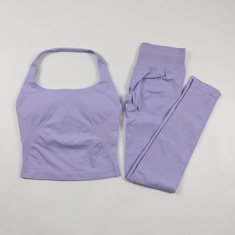 Seamless Gym Set Women Workout Clothes Low Waist Scrunch Yoga Leggings Sets Padded Halter Tank Top 2 Piece Sports Suits