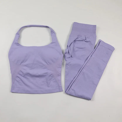 Seamless Gym Set Women Workout Clothes Low Waist Scrunch Yoga Leggings Sets Padded Halter Tank Top 2 Piece Sports Suits