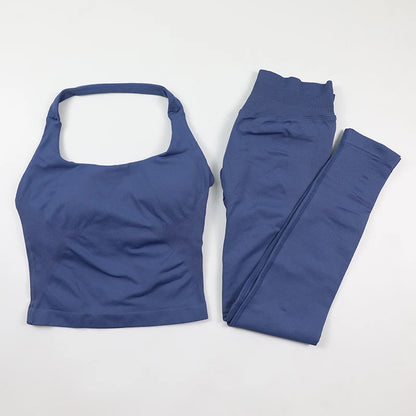 Seamless Gym Set Women Workout Clothes Low Waist Scrunch Yoga Leggings Sets Padded Halter Tank Top 2 Piece Sports Suits