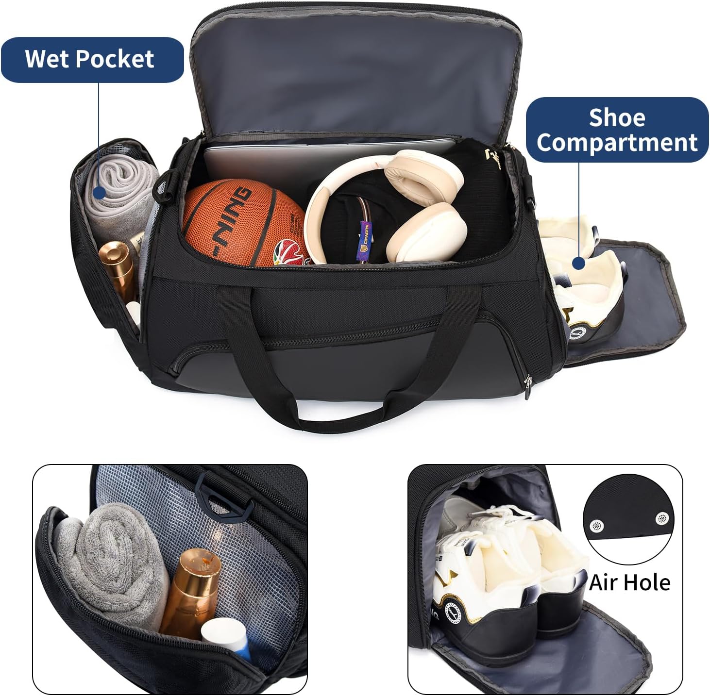 Waterproof Gym Bag Duffle Bag with Wet Pockets and Shoe Compartment,Durable Sports Holdall Bags Travel Bag for Women Man(Black,40L)
