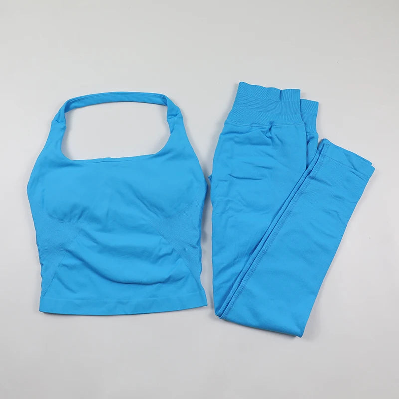 Seamless Gym Set Women Workout Clothes Low Waist Scrunch Yoga Leggings Sets Padded Halter Tank Top 2 Piece Sports Suits