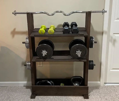 TOP-SELLING – 4-Tier Fitness Rack for Plates and Barbells – Wood Home Gym Storage Rack – Dumbbell Organizer – Home Gym Furniture Storage