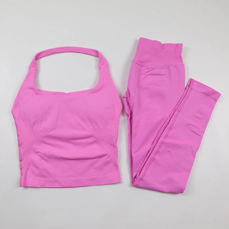 Seamless Gym Set Women Workout Clothes Low Waist Scrunch Yoga Leggings Sets Padded Halter Tank Top 2 Piece Sports Suits
