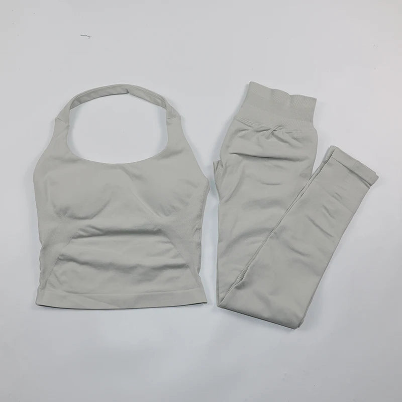 Seamless Gym Set Women Workout Clothes Low Waist Scrunch Yoga Leggings Sets Padded Halter Tank Top 2 Piece Sports Suits