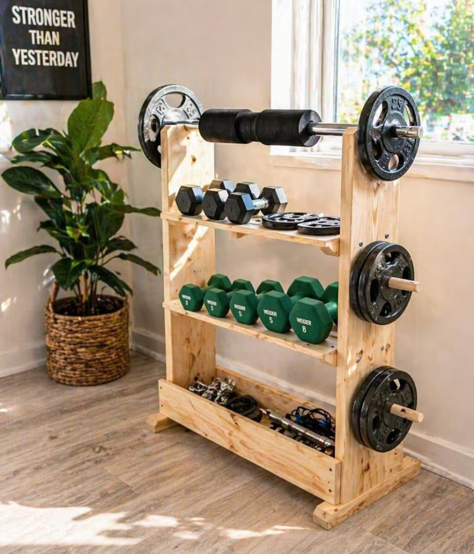 TOP-SELLING – 4-Tier Fitness Rack for Plates and Barbells – Wood Home Gym Storage Rack – Dumbbell Organizer – Home Gym Furniture Storage
