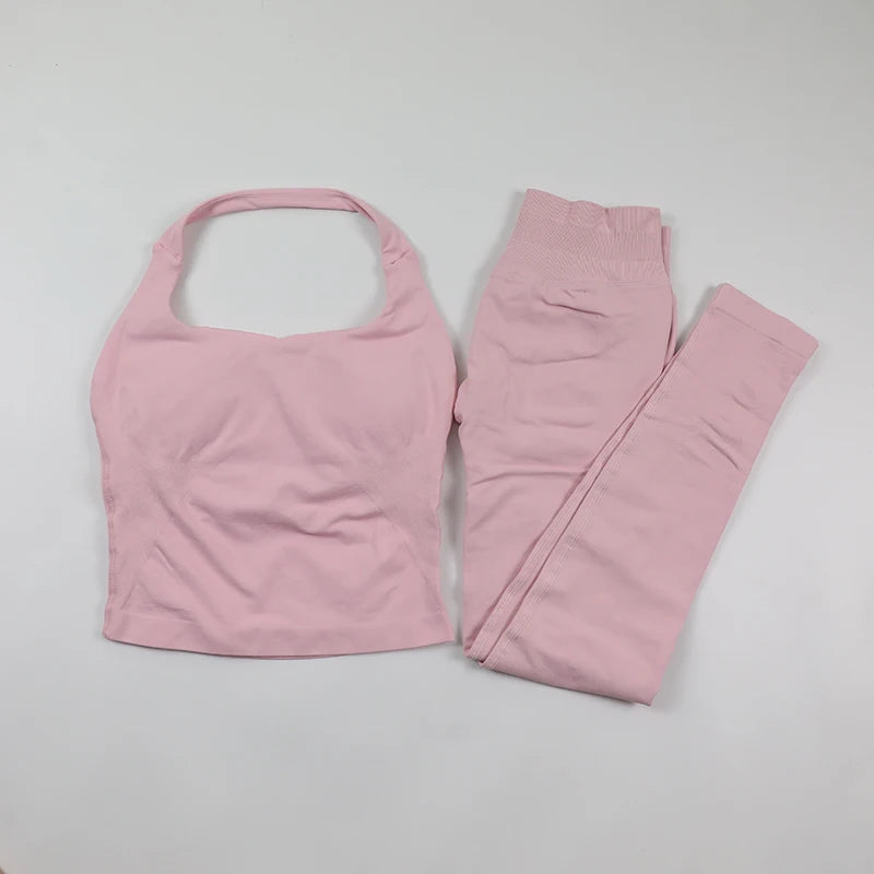 Seamless Gym Set Women Workout Clothes Low Waist Scrunch Yoga Leggings Sets Padded Halter Tank Top 2 Piece Sports Suits