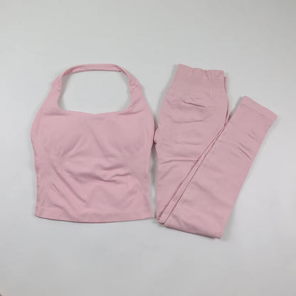 Seamless Gym Set Women Workout Clothes Low Waist Scrunch Yoga Leggings Sets Padded Halter Tank Top 2 Piece Sports Suits