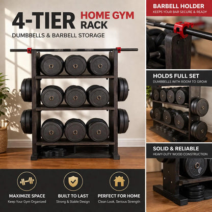 TOP-SELLING – 4-Tier Fitness Rack for Plates and Barbells – Wood Home Gym Storage Rack – Dumbbell Organizer – Home Gym Furniture Storage