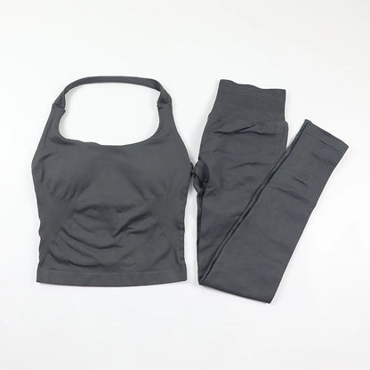 Seamless Gym Set Women Workout Clothes Low Waist Scrunch Yoga Leggings Sets Padded Halter Tank Top 2 Piece Sports Suits